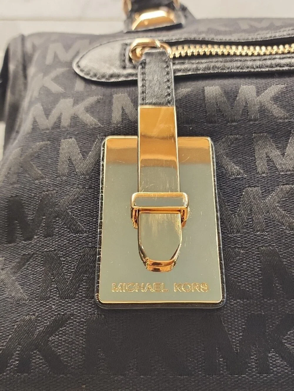 Michael Kors Black MK Logo Satchel with Gold Hardware